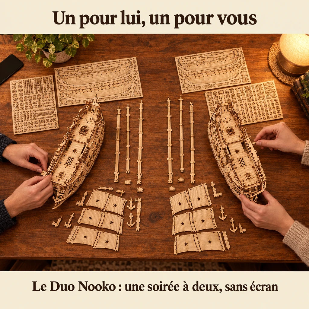 Two people building a NOOKO kit side by side, a screen-free evening