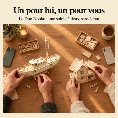 Two people building a NOOKO kit side by side, a screen-free evening