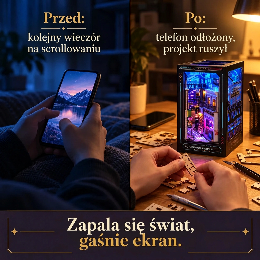Przed/po: telefon odłożony, składanie zestawu Neonowa uliczka
