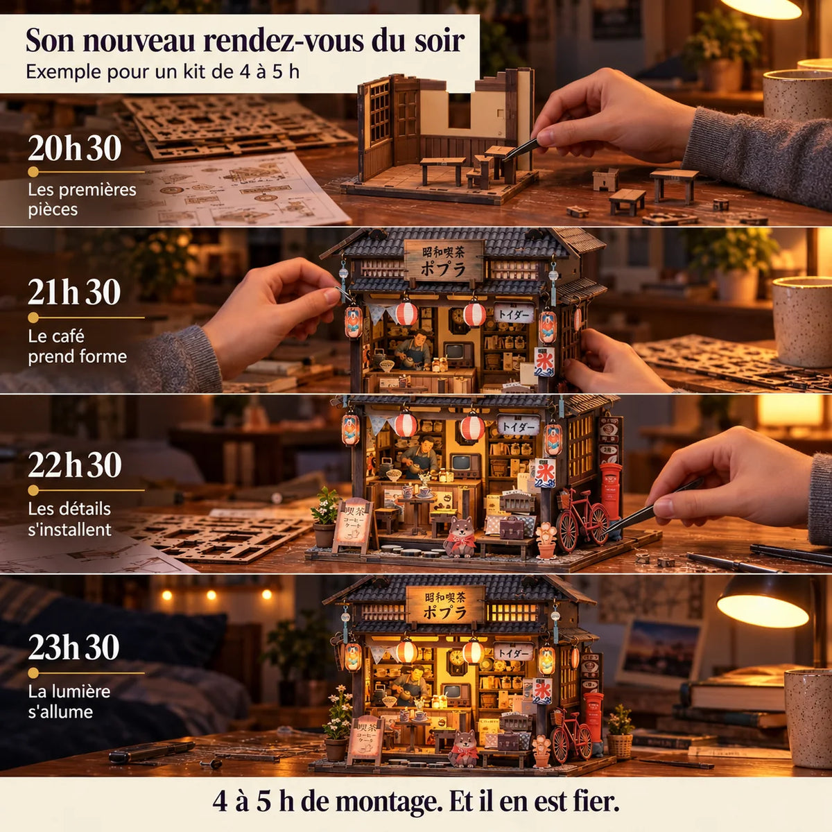 Le Café Shōwa : progression du montage jusqu'à l'éclairage