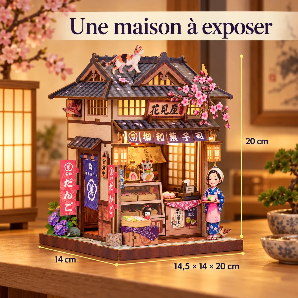 La Confiserie Hanamiya : dimensions du kit assemblé dans un intérieur