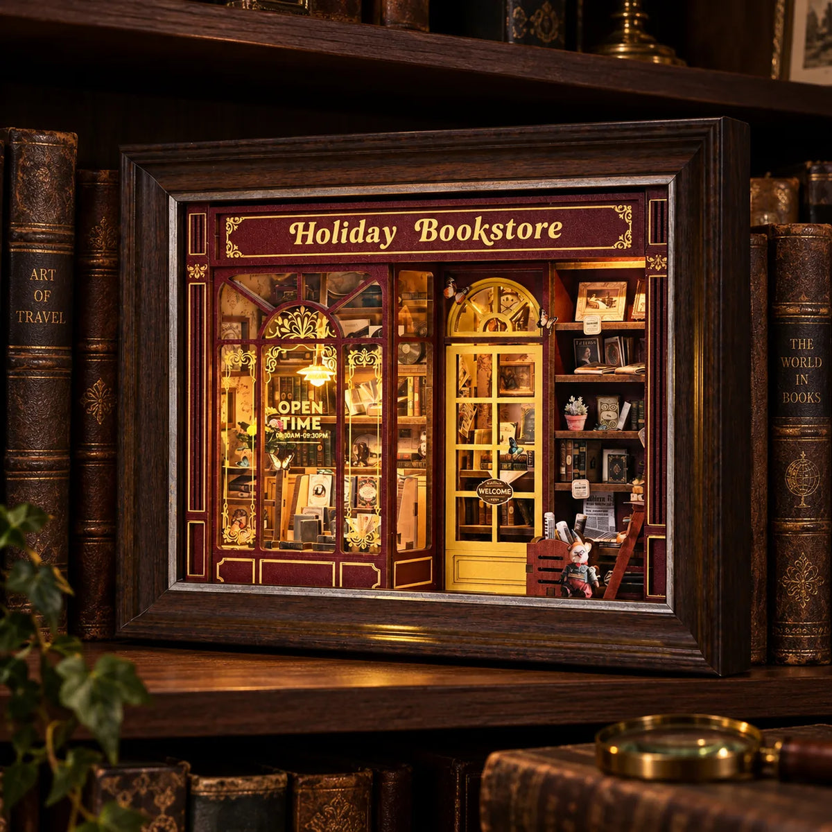 La Librairie du Soir NOOKO — Vue d’ensemble du kit assemblé, éclairé sur une étagère en bois sombre entre des livres anciens.