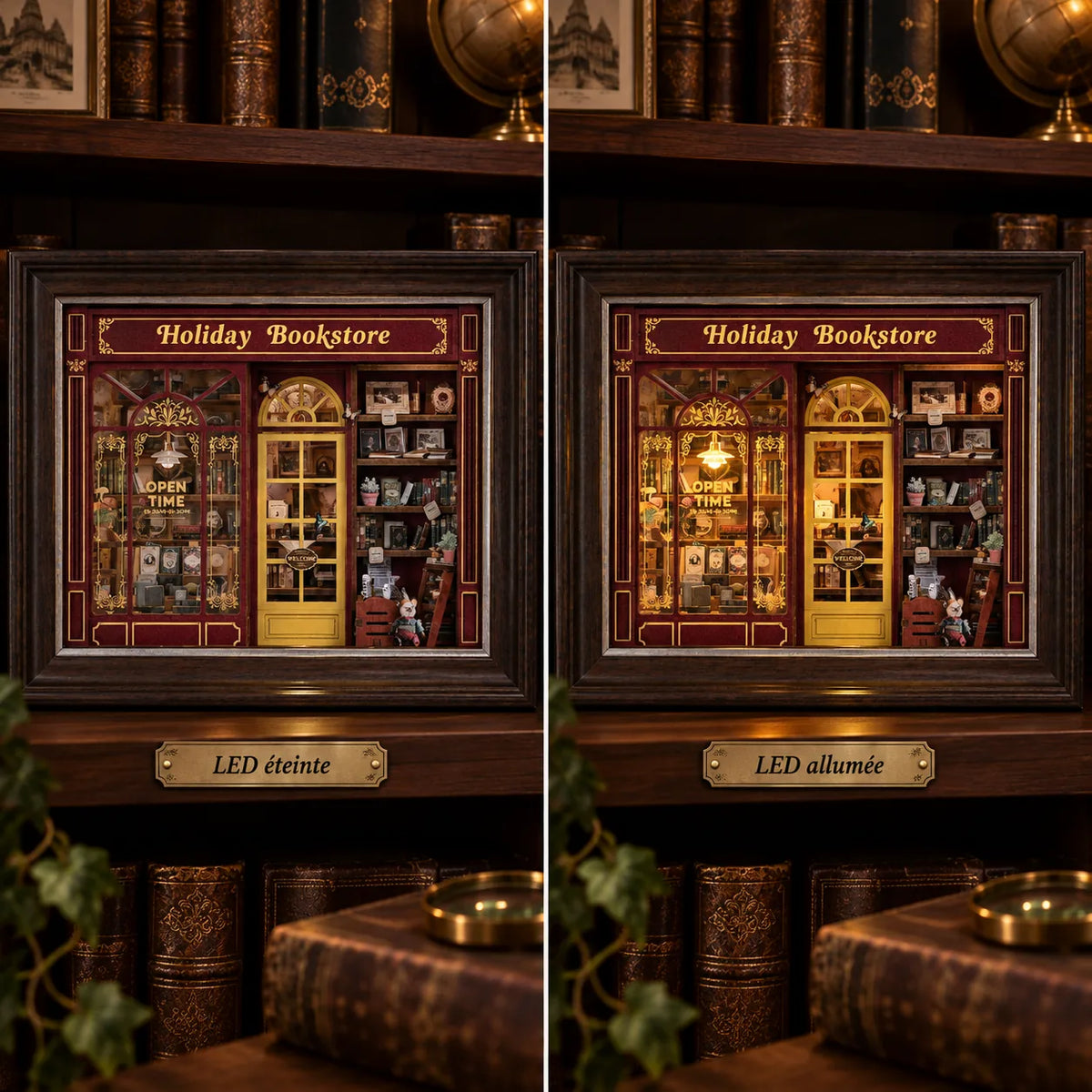 La Librairie du Soir NOOKO — Comparaison du même kit avec LED éteinte à gauche et LED allumée à droite.