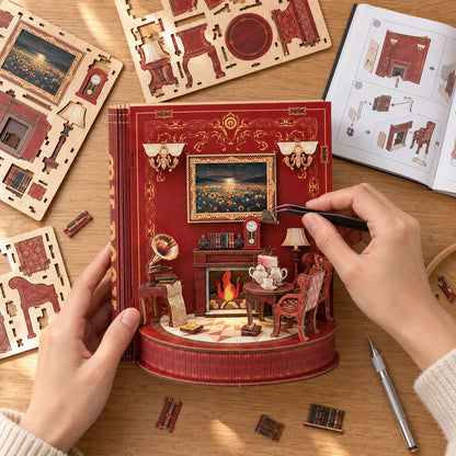 Le Théâtre de Livres NOOKO — Montage vu du dessus, avec deux mains assemblant le décor rouge et or sur une table claire.