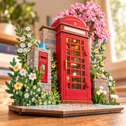 Vue immersive en contre-plongee de la scene miniature en bois