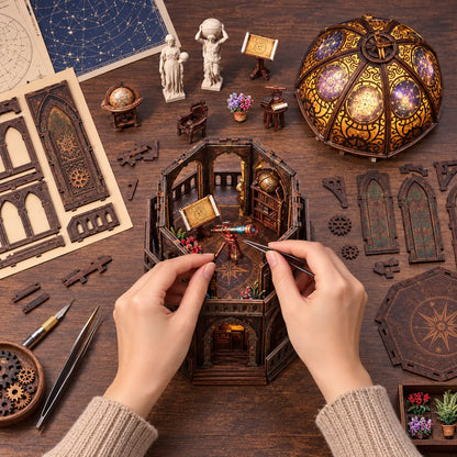 Montage de L'Observatoire vu du dessus avec mains et télescope miniature