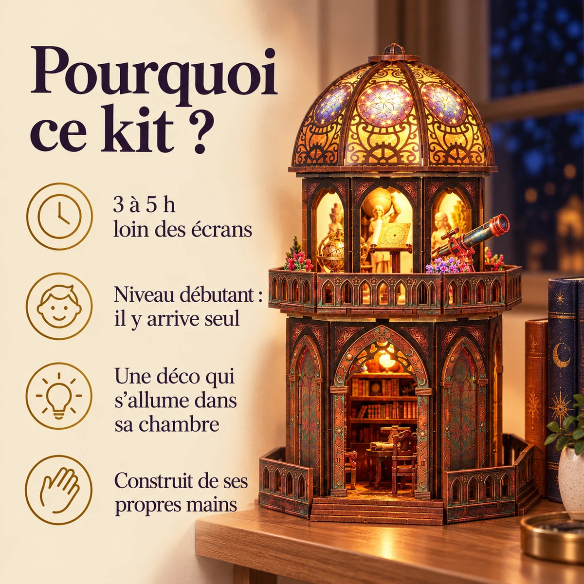 Pourquoi choisir L'Observatoire : 3 à 5 heures, niveau débutant et décoration lumineuse