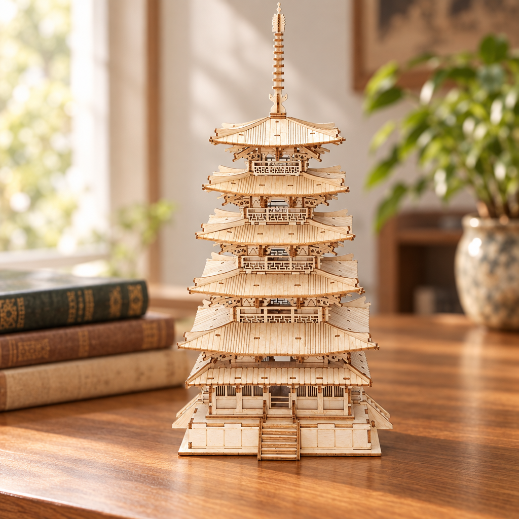 Puzzle 3D en bois d une pagode a cinq etages assemble, pose sur un bureau