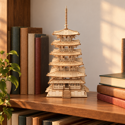 La pagode en bois exposee sur une etagere de bibliotheque