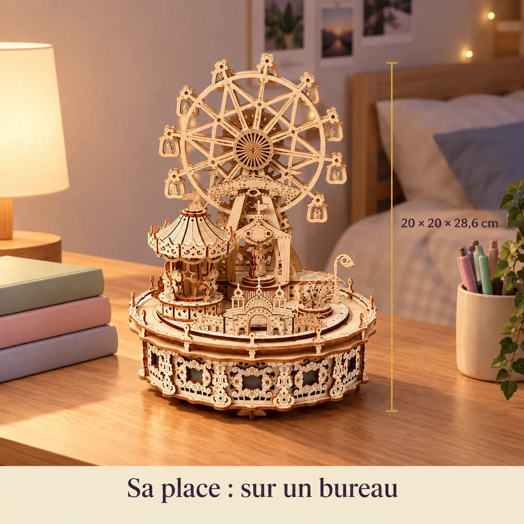 The Musical Amusement Park on a desk, dimensions 20 × 20 × 28.6 cm