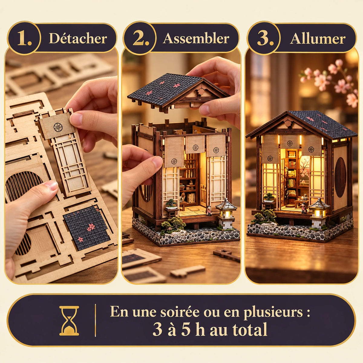 Les trois étapes de montage du Pavillon du Bonsaï