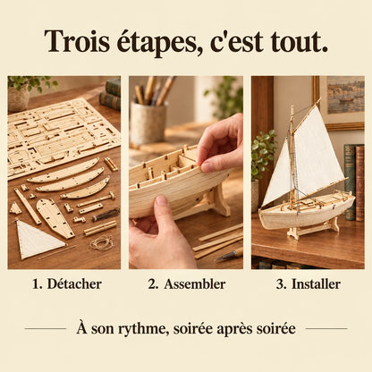 The three build steps of the Coastal Fishing Sailboat