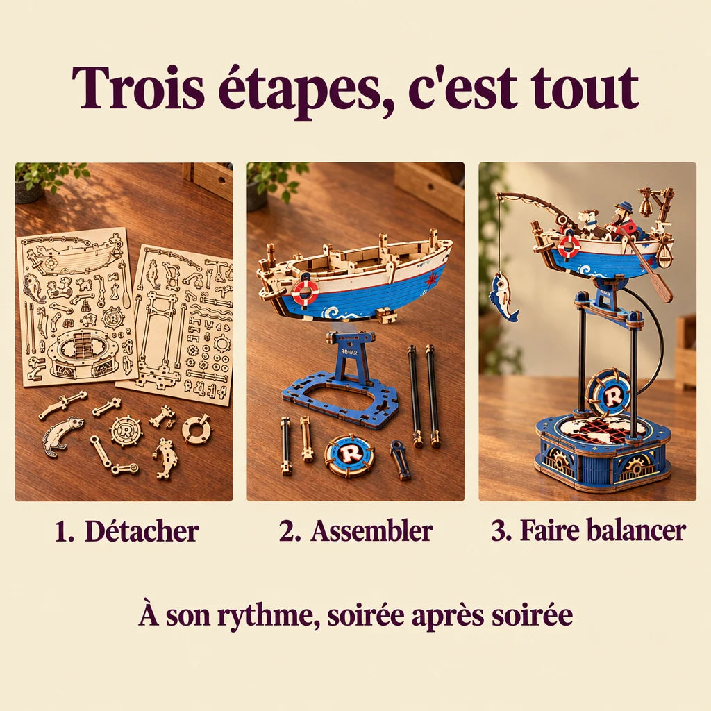 The three build steps of the Rocking Fisherman
