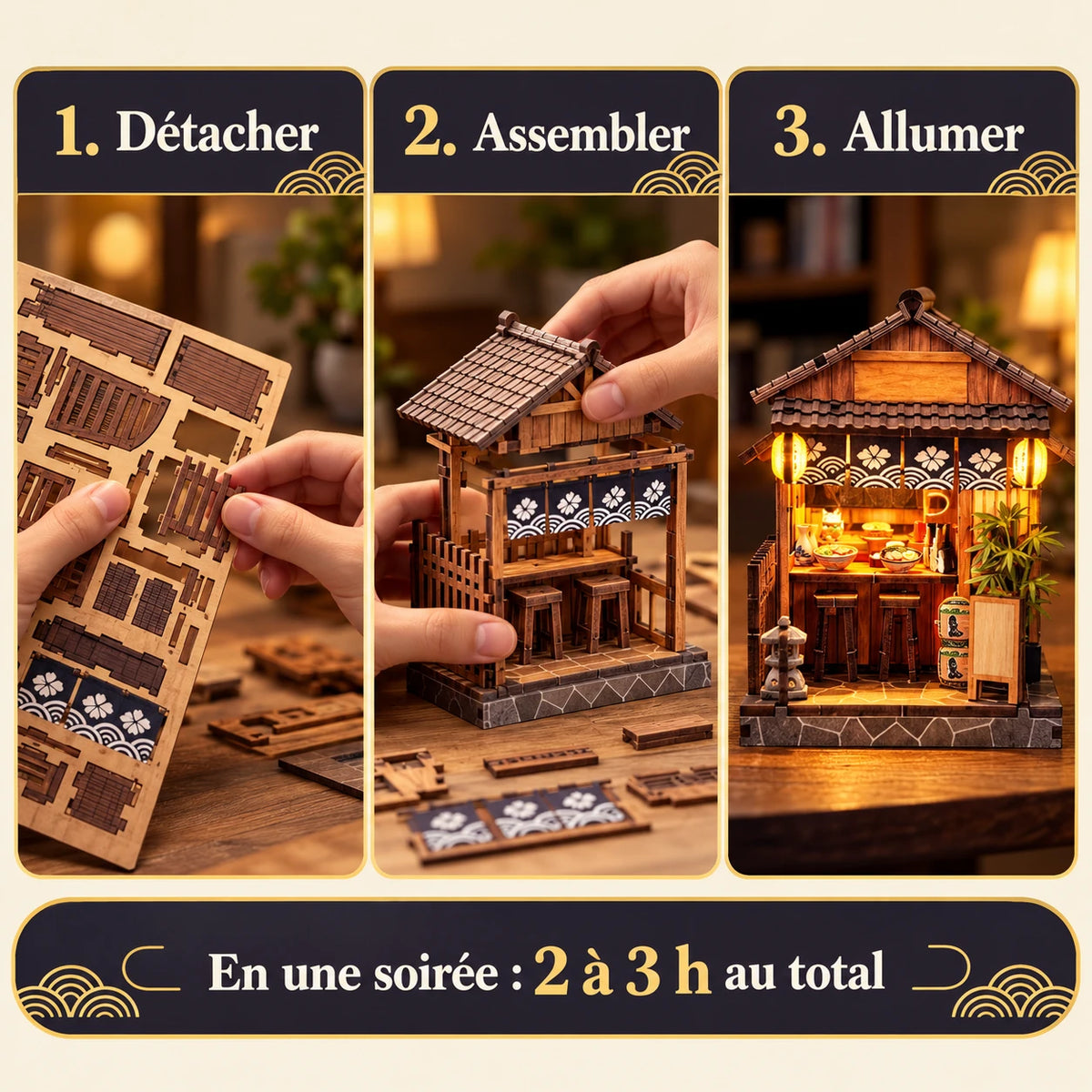 Les trois étapes de montage de la Petite Izakaya
