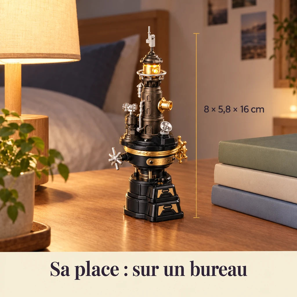The Industrial City Lighthouse on a desk, dimensions 8 × 5.8 × 16 cm