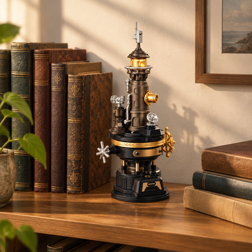 La maquette exposee sur une etagere de bibliotheque