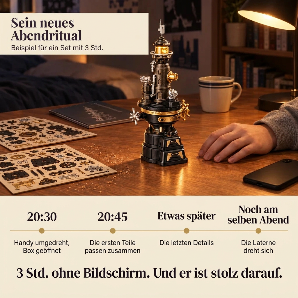 Ein Bauabend mit Leuchtturm der Industriestadt