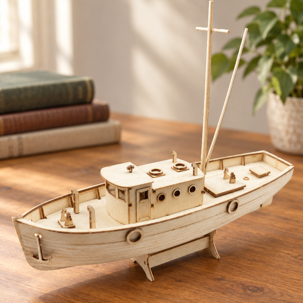 Maquette de bateau de peche en bois assemblee, posee sur un bureau