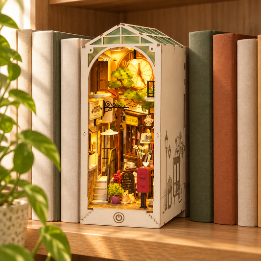 Book nook en bois eclaire, glisse entre des livres sur une etagere
