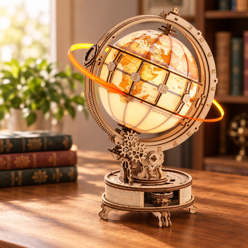 Puzzle 3D en bois en forme de globe assemble et allume, pose sur un bureau