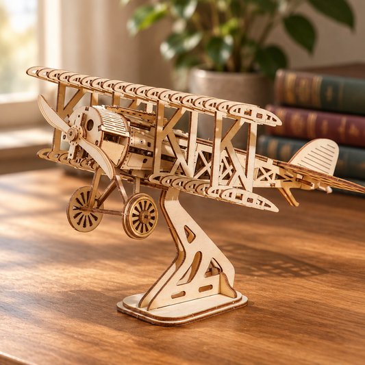 Maquette d avion biplan en bois assemblee sur son socle, posee sur un bureau