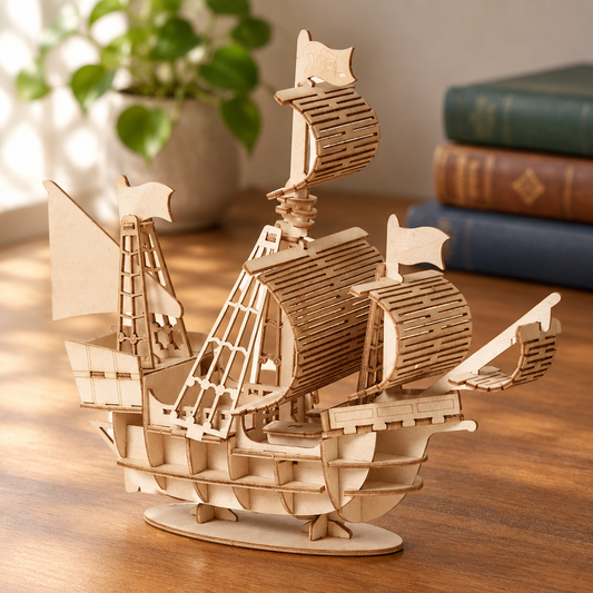 Maquette de petit voilier en bois assemblee sur son socle, posee sur un bureau