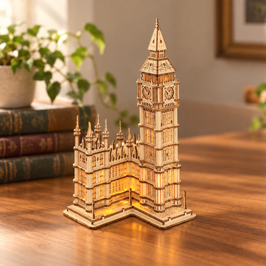 Puzzle 3D en bois de la tour de l horloge de Londres assemble, pose sur un bureau