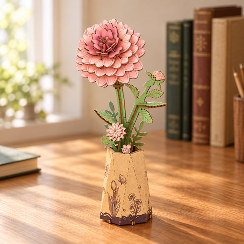 Fleur en bois assemblee dans un petit vase, posee sur un bureau