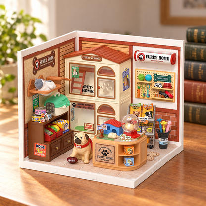 Maison miniature en bois assemblee, posee sur un bureau