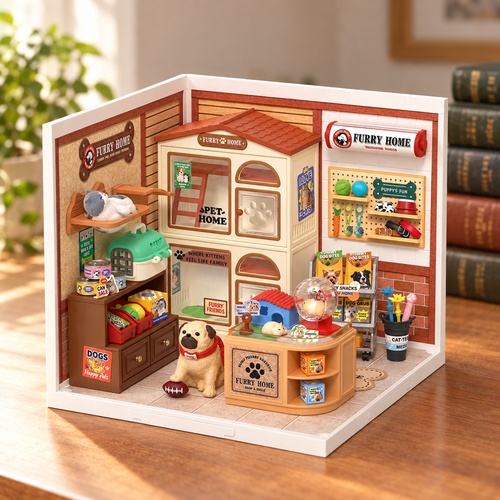 Maison miniature en bois assemblee, posee sur un bureau