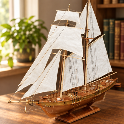 Maquette de voilier en bois assemblee sur son socle, posee sur un bureau