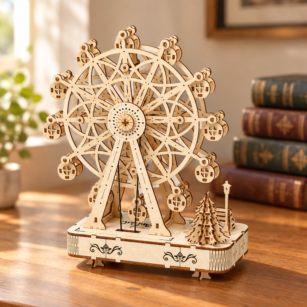 Maquette mecanique en bois de grande roue assemblee, posee sur un bureau