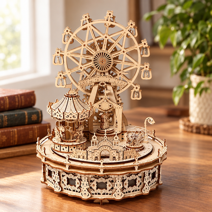 Maquette mecanique en bois d un parc d attractions miniature, posee sur un bureau
