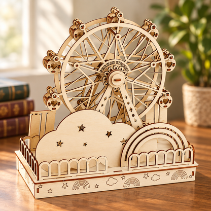 Maquette mecanique en bois de grande roue assemblee, posee sur un bureau