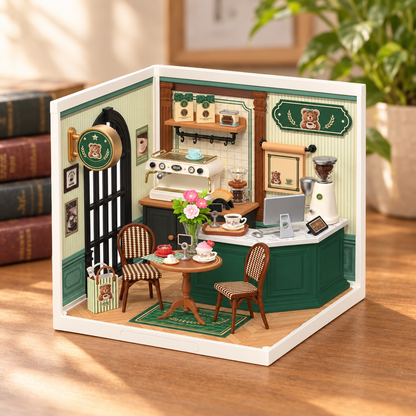 Maison miniature en bois assemblee, posee sur un bureau