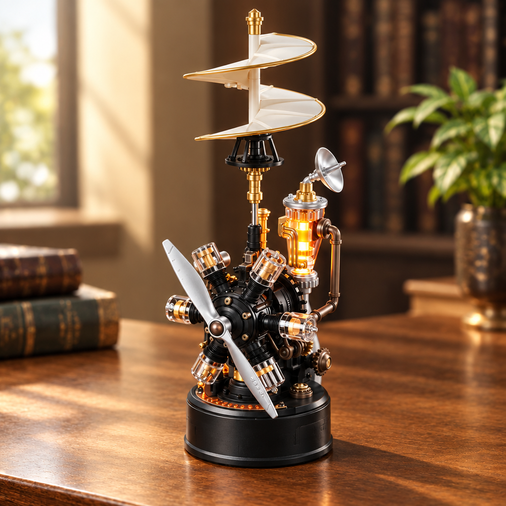 Maquette mecanique de telegraphe assemblee, posee sur un bureau