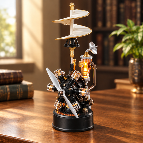 Maquette mecanique de telegraphe assemblee, posee sur un bureau