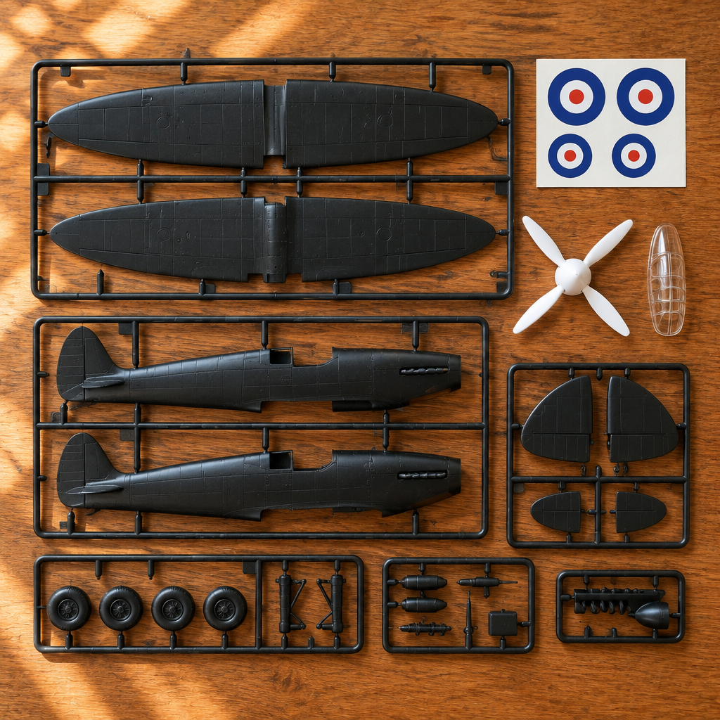 Pièces du kit Spitfire non assemblé sur un bureau en bois