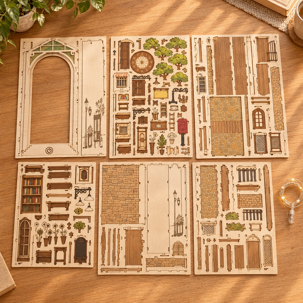 Les planches de contreplaque decoupees au laser du kit et le fil LED, poses a plat