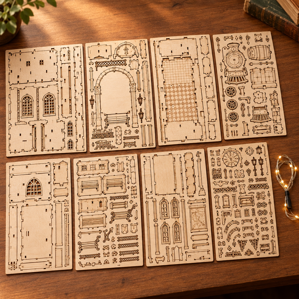 Les planches de contreplaque decoupees au laser du kit et le fil LED, poses a plat