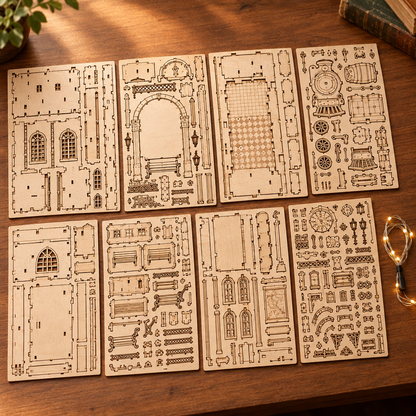 Les planches de contreplaque decoupees au laser du kit et le fil LED, poses a plat