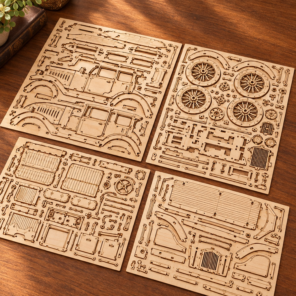 Les planches de contreplaque decoupees au laser du kit, posees a plat