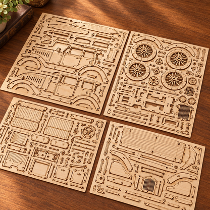 Les planches de contreplaque decoupees au laser du kit, posees a plat