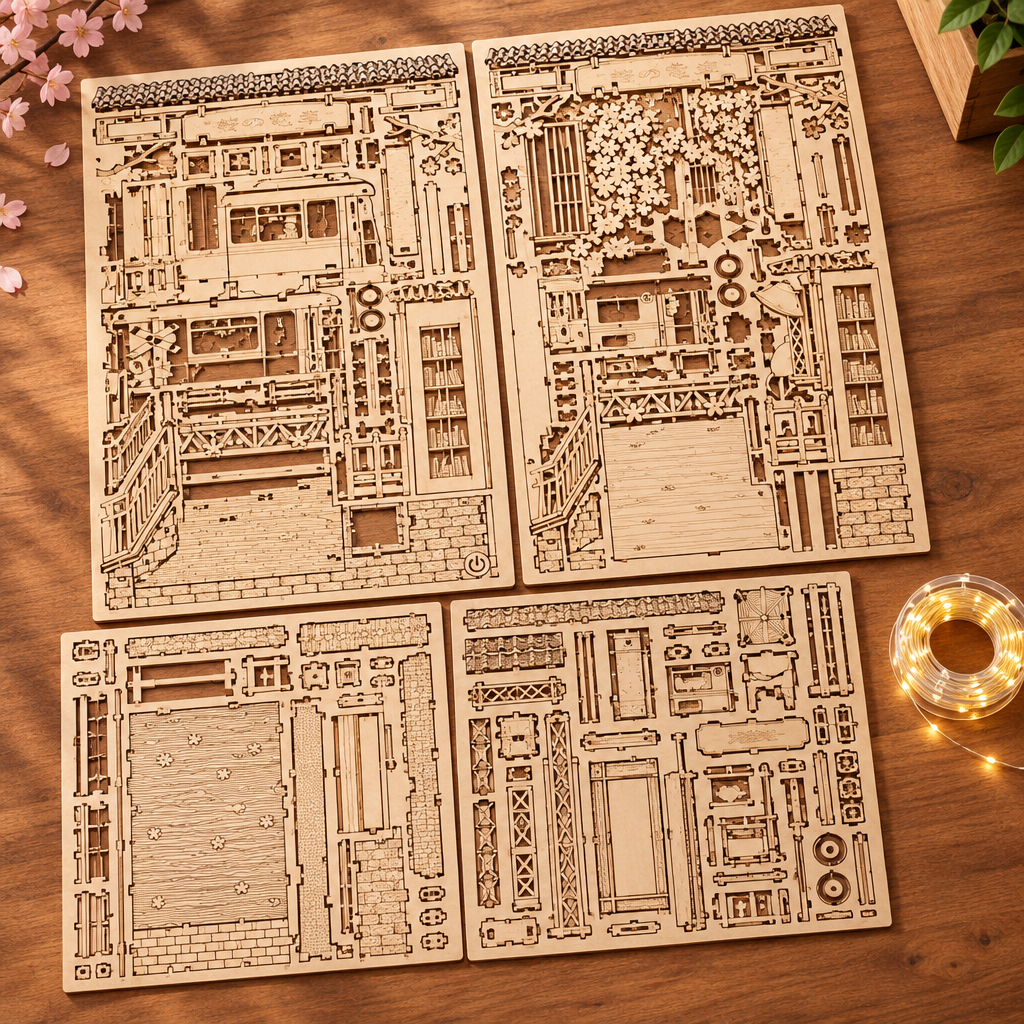 Les planches de contreplaque decoupees au laser du kit et le fil LED, poses a plat