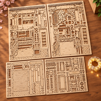 Les planches de contreplaque decoupees au laser du kit et le fil LED, poses a plat