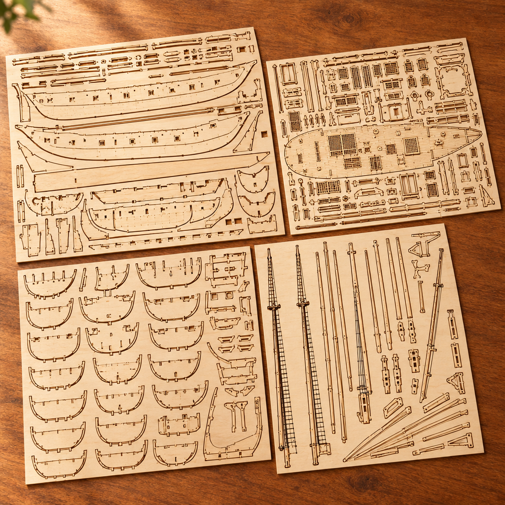 Les planches de contreplaque decoupees au laser du kit, posees a plat