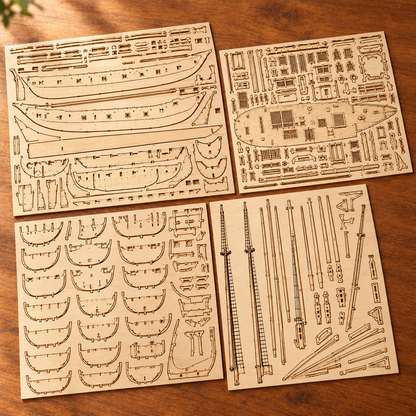 Les planches de contreplaque decoupees au laser du kit, posees a plat