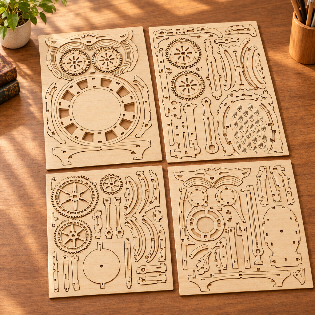 Les planches de contreplaque decoupees au laser du kit, posees a plat