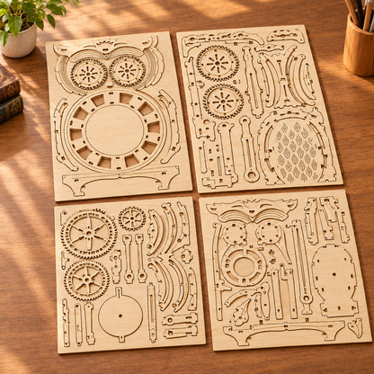 Les planches de contreplaque decoupees au laser du kit, posees a plat