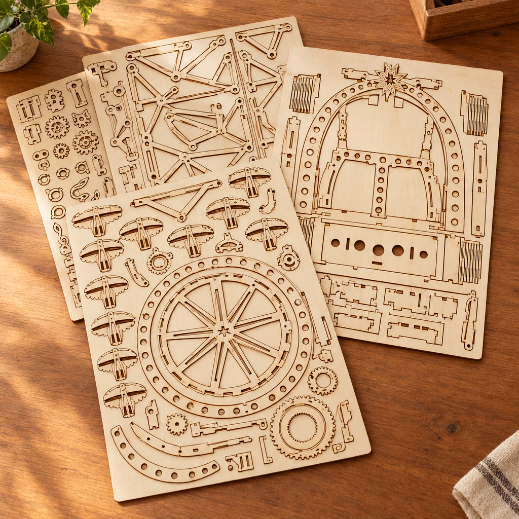 Les planches de contreplaque decoupees au laser du kit, posees a plat